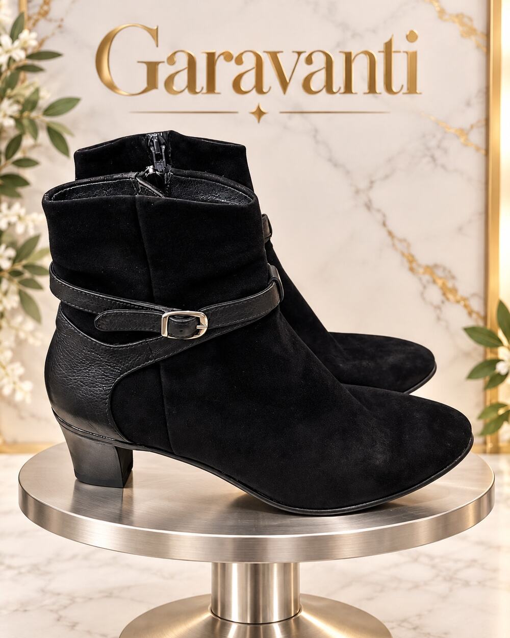 Gravati Black Suede Leather Buckle Ankle Boots Women’s 6.5M Side Zip